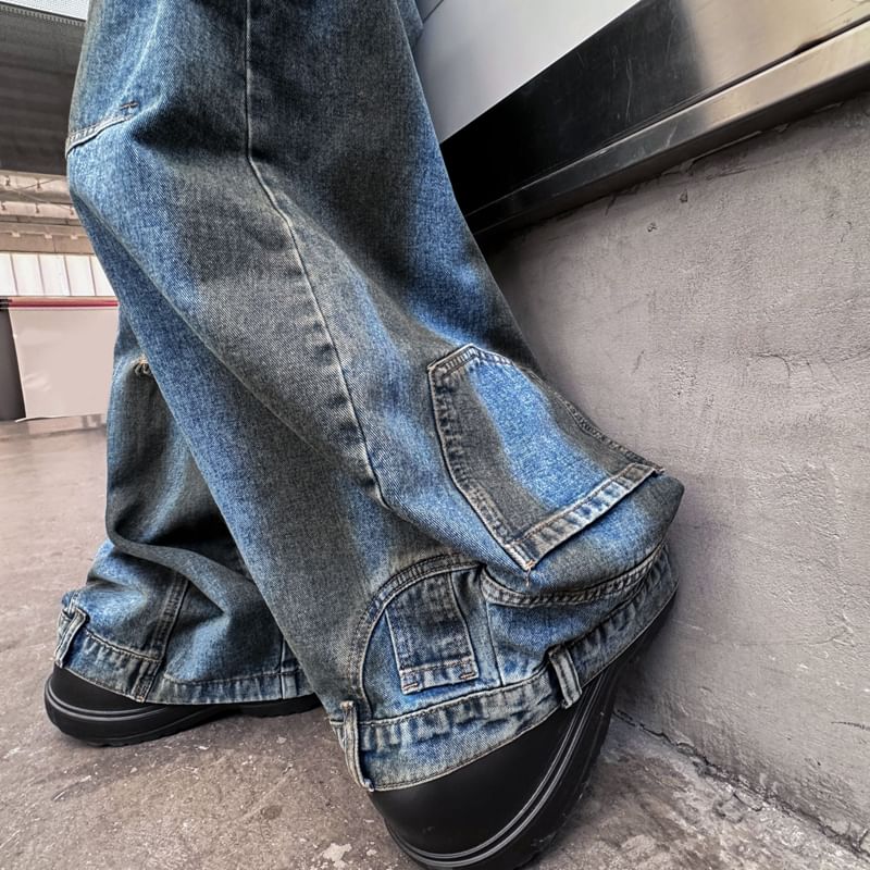 ravewider - Mid Rise Washed Distressed Wide Leg Jeans