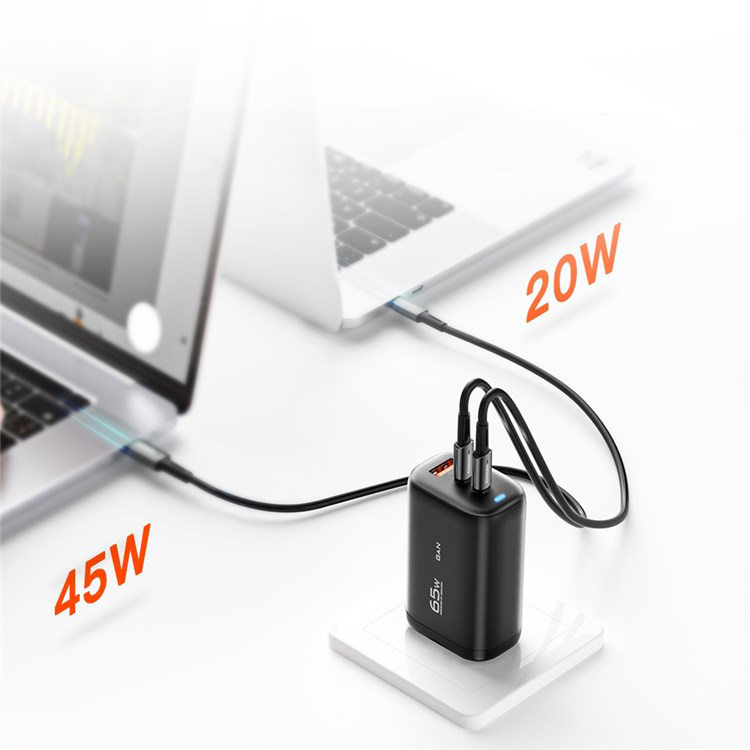(65W) USB A / 2x USB C GaN Ladegerät Netzteil Power Delivery 3.0 / Quick Charge 3.0 - Schwarz