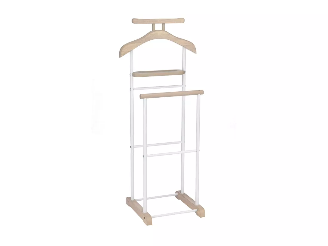 Valet de chambre MEDINA chevalet de nuit double portant pour vêtements, en MDF décor chêne sonoma et métal laqué blanc