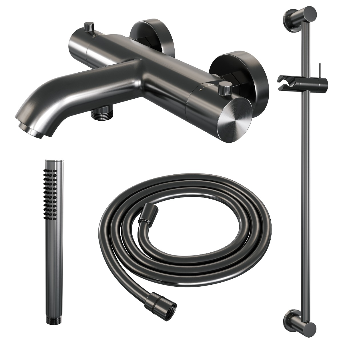 Brauer Gunmetal Edition thermostatische badkraan met glijstang en staafhanddouche gunmetal geborsteld PVD