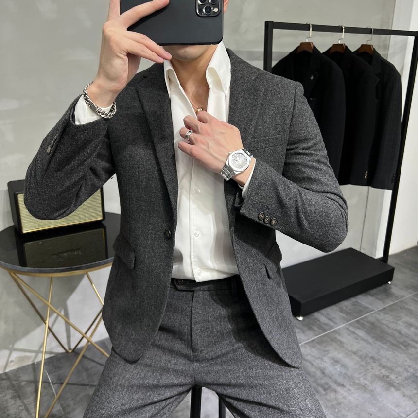 Deepwood - Set: Effen wollen blazer met één knoop + taps toelopende pantalon