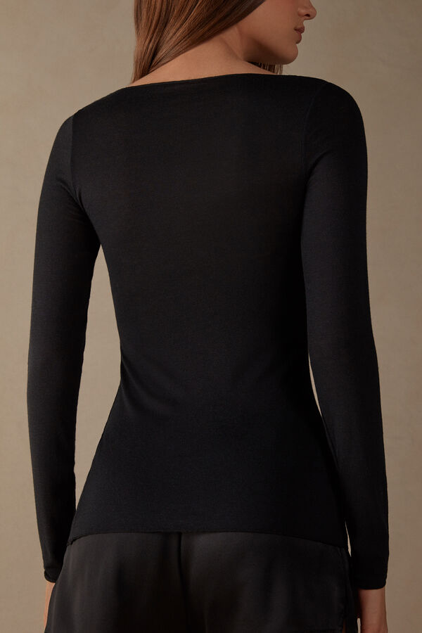 Camiseta de manga comprida ultraleve com decote canoa em cashmere modal