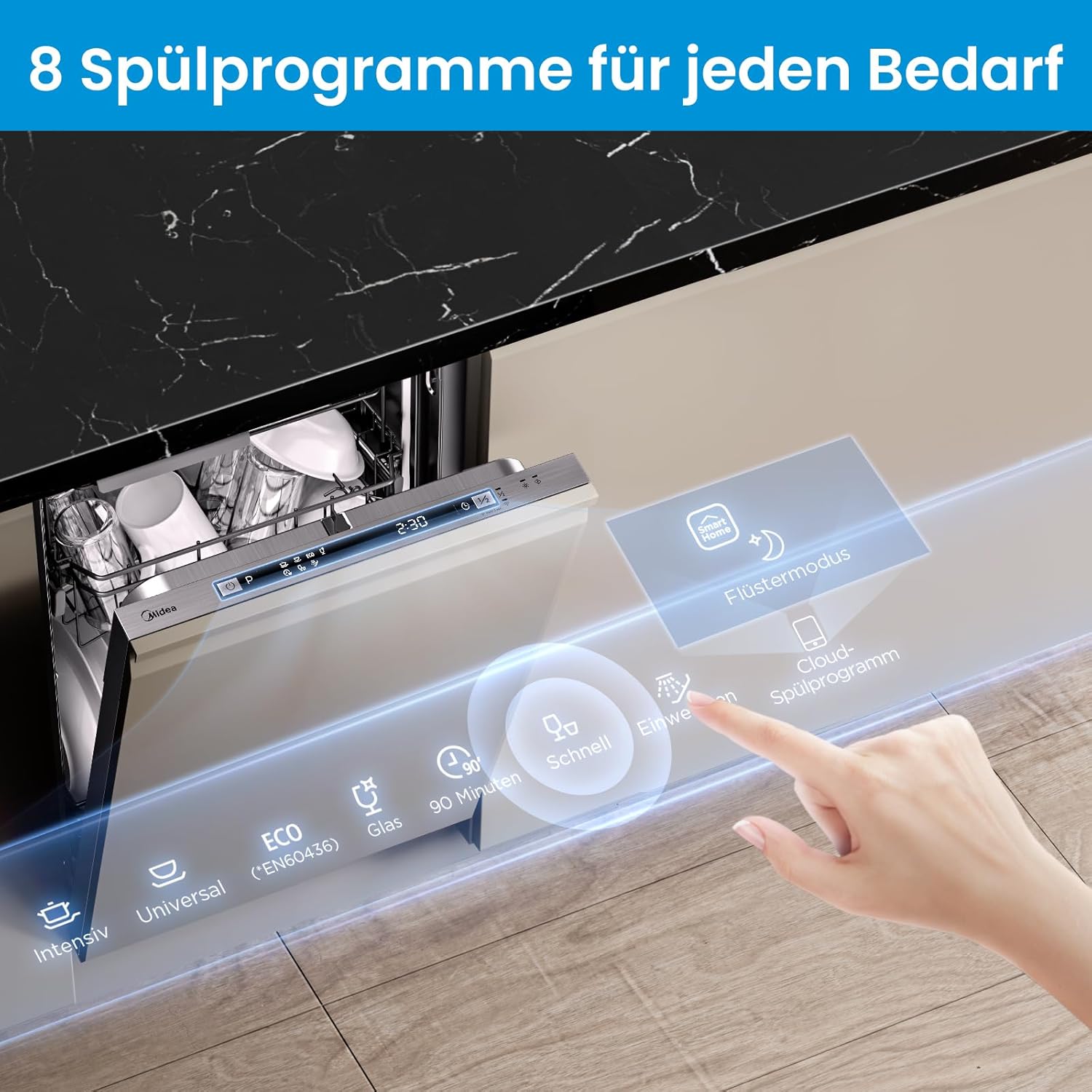 Midea MDWEB1014K Spülmaschine Vollintegriert 45 cm, 10 Maßgedecke, 8 Programme, Verstellbarer Oberkorb, LED Display, Halbe Ladung, Startverzögerung, Geschirrspüler Einbaugerät mit WIFI