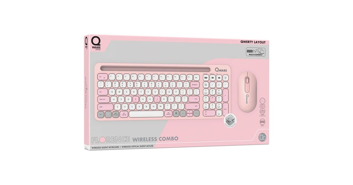 QwareFlorence Draadloze Combo, desktopset  (Roze/wit, EU lay-out (QWERTY), Scissor switches, 1200 DPI, TKL, 2,4 GHz USB | Bluetooth)