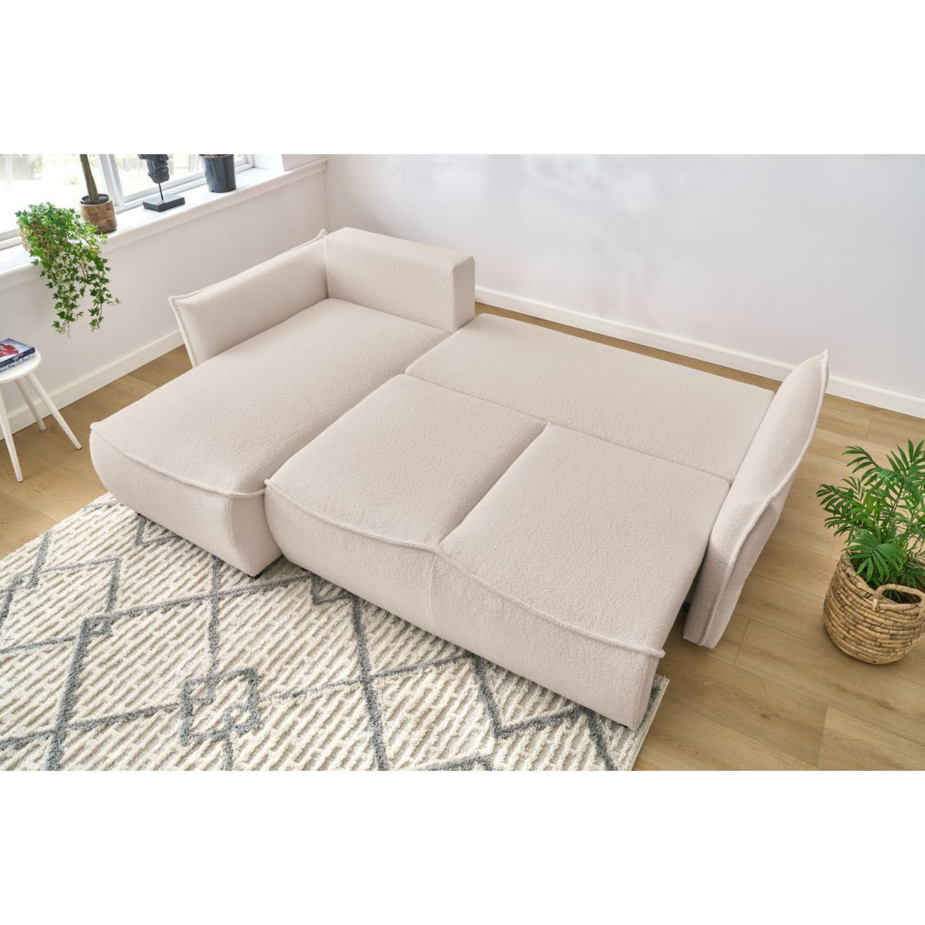 Bobochic Canapé d'angle gauche convertible bouclette Léon beige - 242x158x90 cm