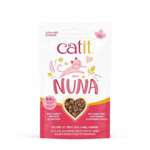 Petiscos Catit Nuna à base de proteína de insetos e frango para gatos.