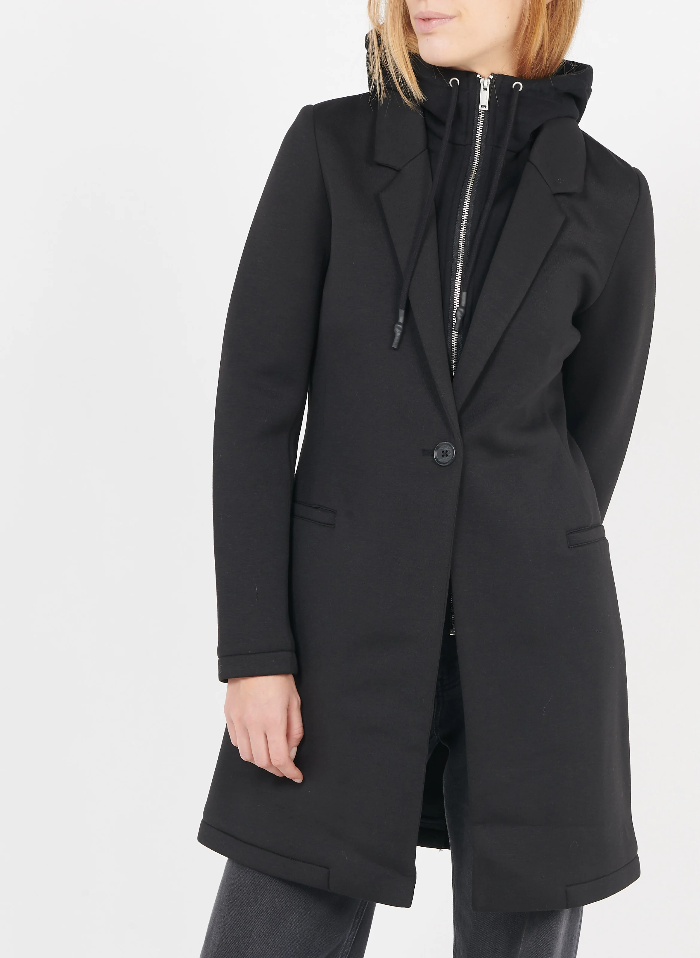 Manteau mi-long col tailleur à capuche| Noir