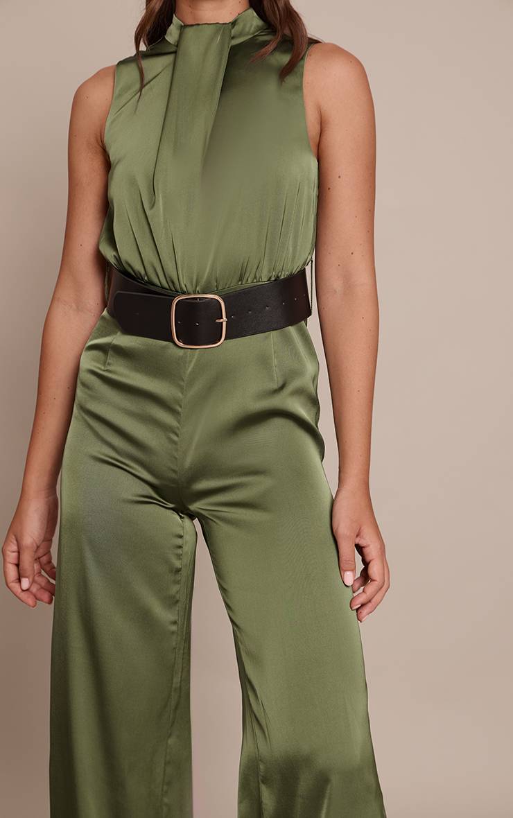 Kaki Combinaison Pantalon Large En Satin Col Montant Avec Ceinture