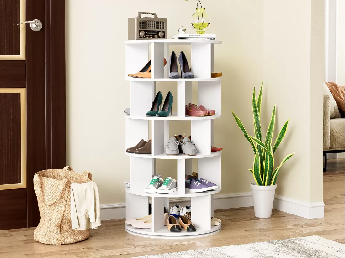 Meuble à chaussures pivotan - rotatif - 5 niveaux - Blanc