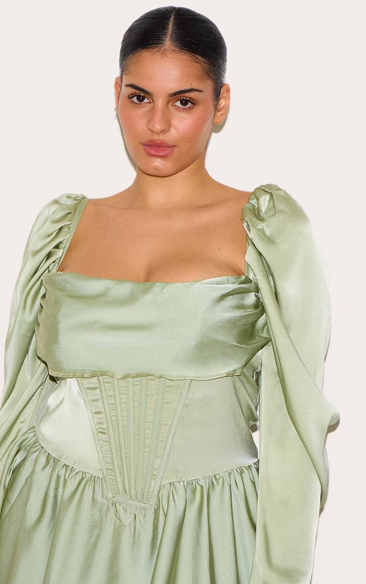 Vert Sauge Robe Droite Bouffante Grande Taille En Satin Avec Détail Corset