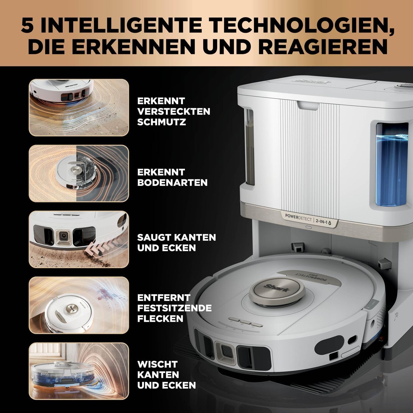 Shark PowerDetect 2-in-1-Saug- & Wischroboter, NeverTouch Pro 60 Tage, Selbst-Entleerung, Befüllung & -Reinigung, 3D- & LiDAR-Navi, NeverStuck-Hindernisumgehung, App-Steuerung, Weiß, AV2820ZEEUWH