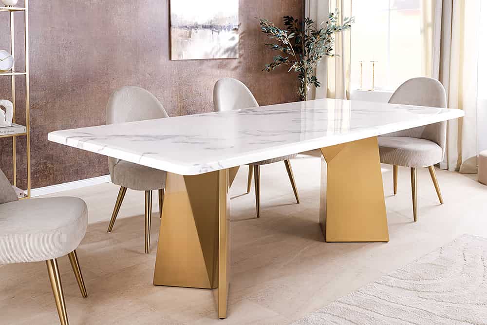 Design Esstisch EXTRAVAGANCIA 200cm weiß Marmor Metall brushed champagner gold