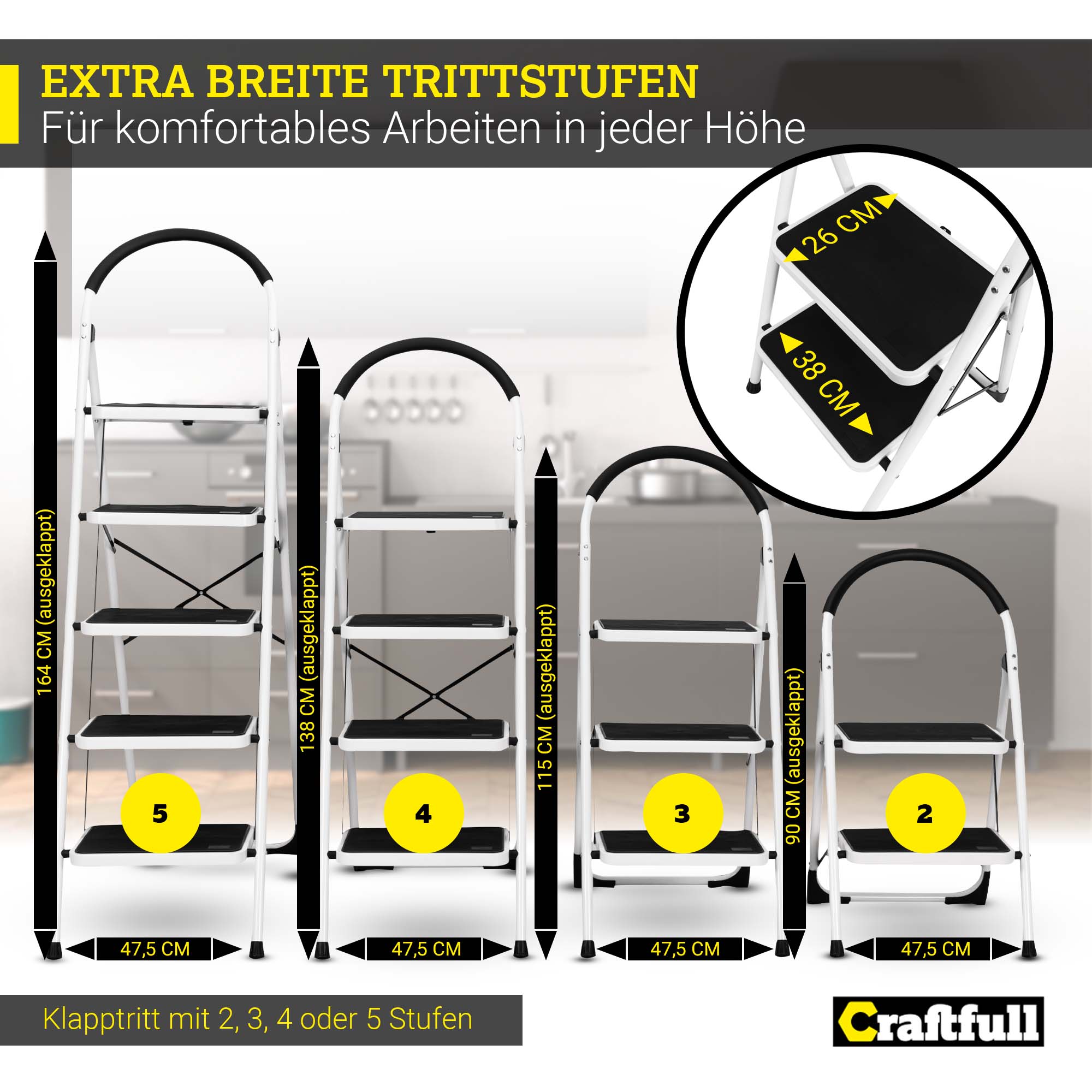 Craftfull Klapptritt CF-130A, 2-5 Stufen, Anti-Rutsch-Tritfflächen, Sicherheitsriegel, 3 J. Garantie (2 Stufen)
