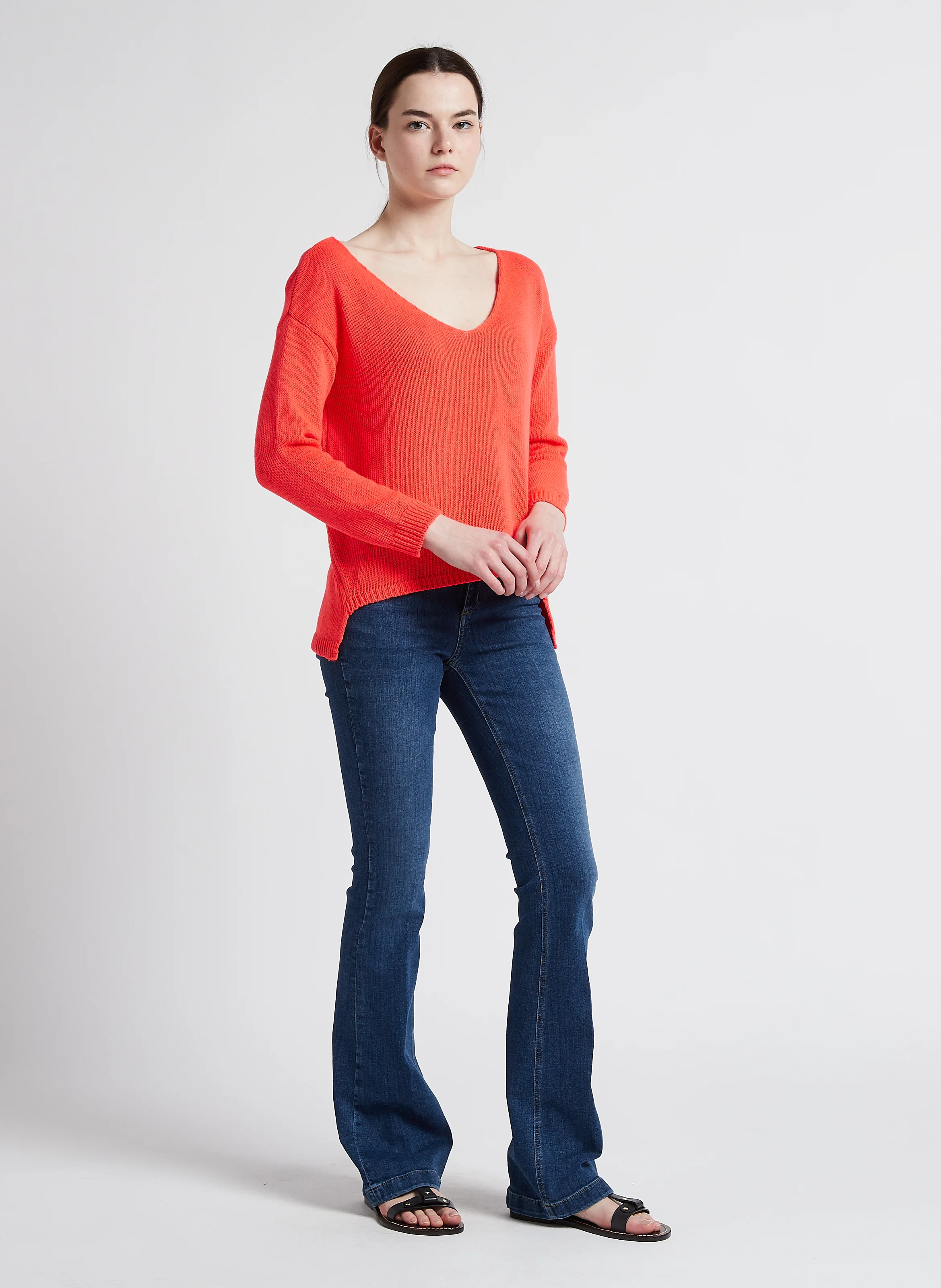 Pull en maille col V en coton mélangé| Orange