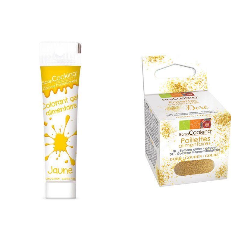 Gel colorant alimentaire jaune + paillettes dorées Scrapcooking