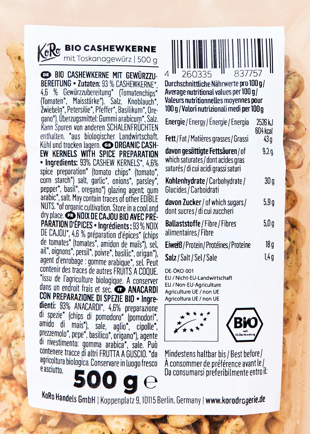 Bio Cashewkerne mit Toskanagewürz 500 g