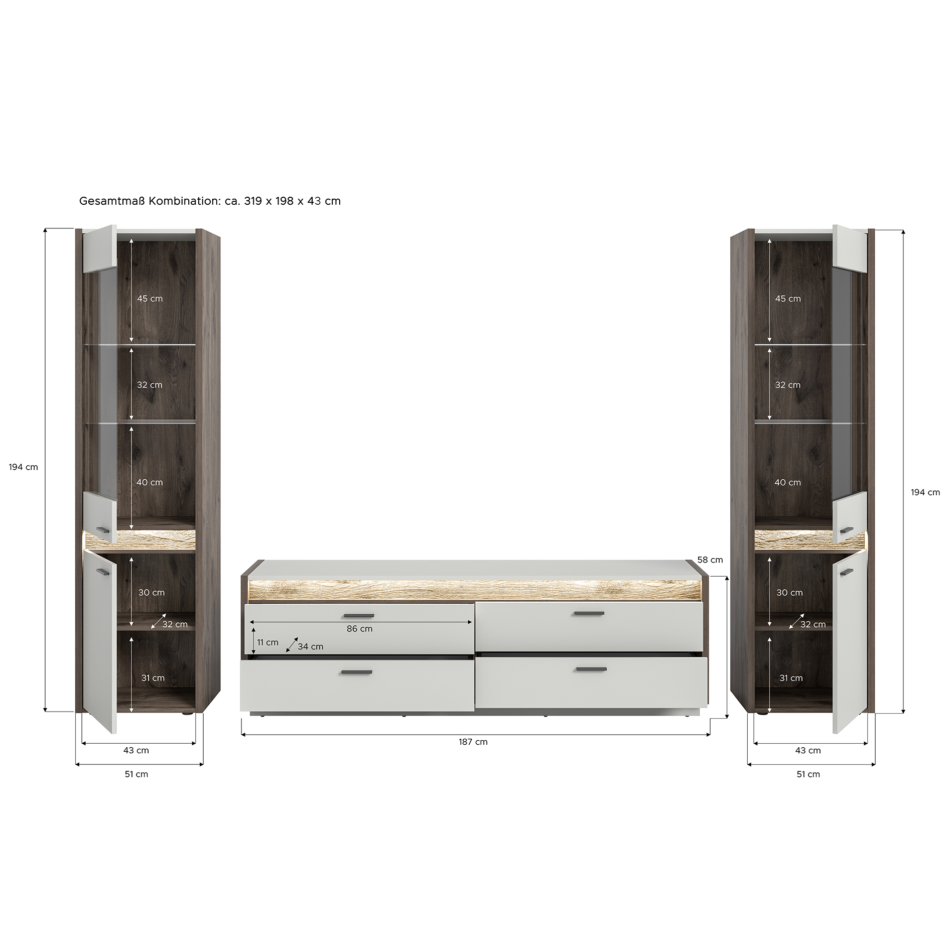 3-teiliges Wohnwand-Set FALCONA - hellgrau - Nox Oak - 319 cm