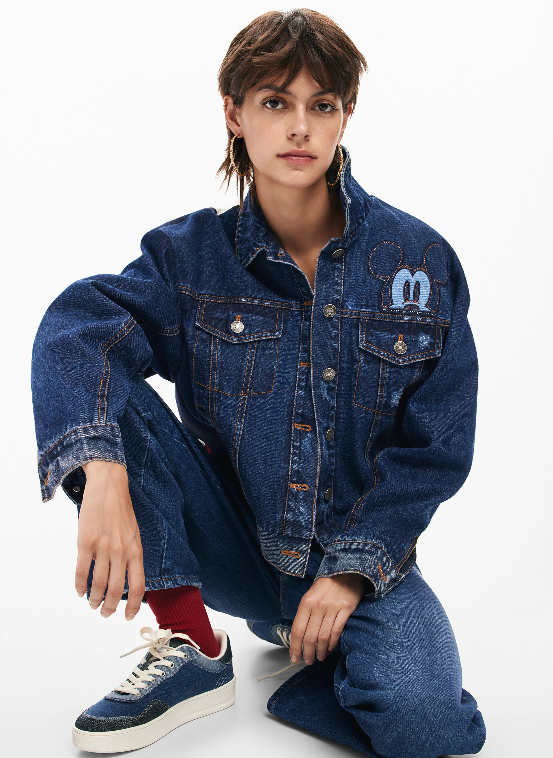 Veste col classique en denim de coton mélangé | Bleu