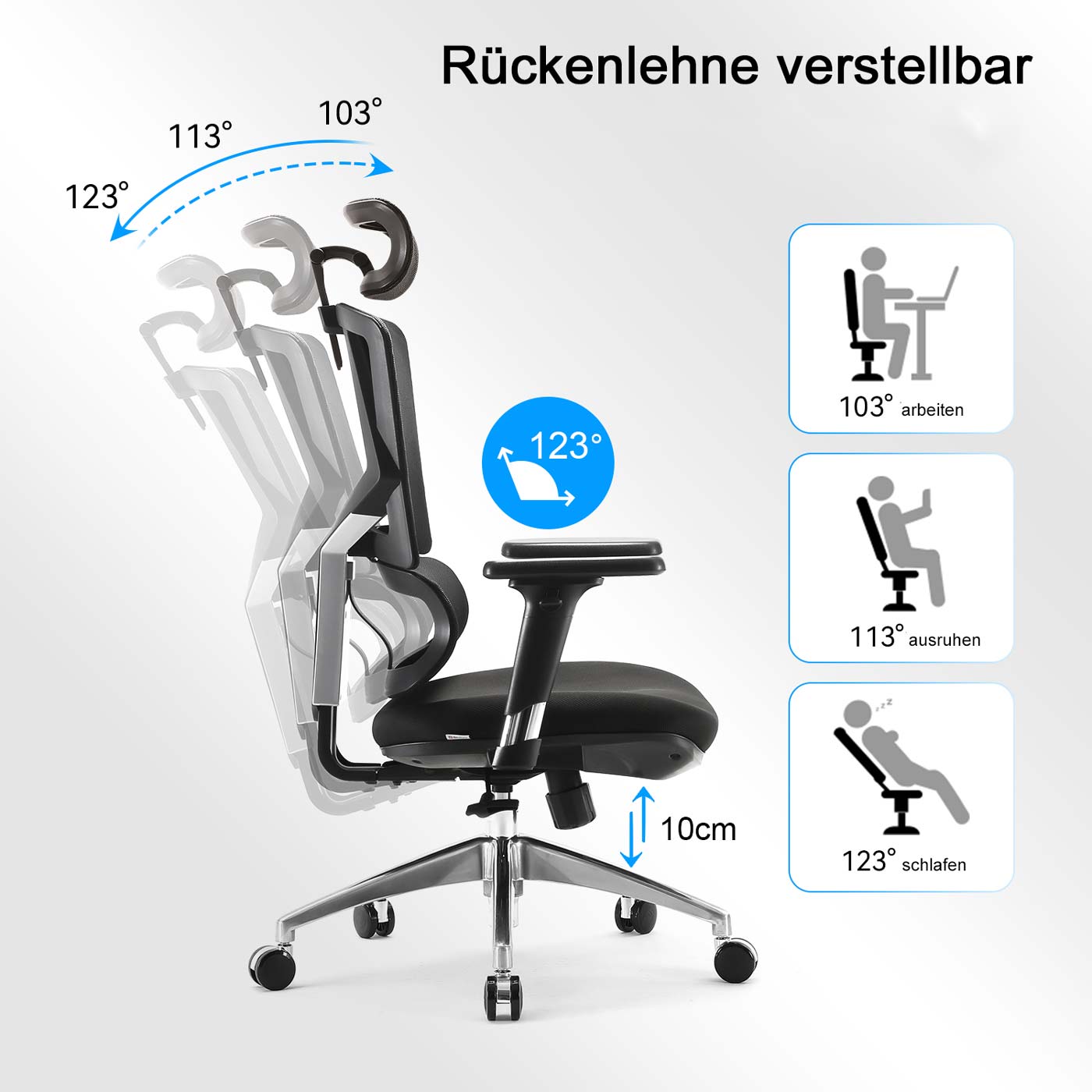 Bürostuhl MCW-J89, Schreibtischstuhl ergonomisch, Lordosenstütze hohe Rückenlehne 3D-Armlehnen ~ gepolstert schwarz