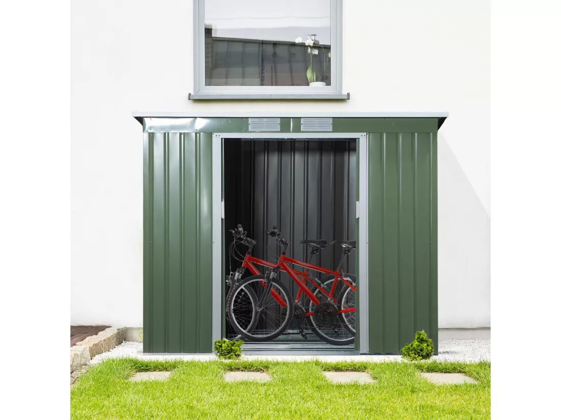 Abri de jardin - remise pour outils - fondation incluse - cabanon 2 portes coulissantes verrouillables - dim. 213L x 130l x 173H cm - tôle d'acier vert