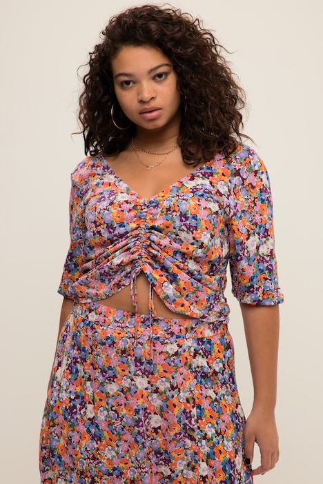 Bluse, V-Ausschnitt, Flower Print, 3/4-Arm, Raffung