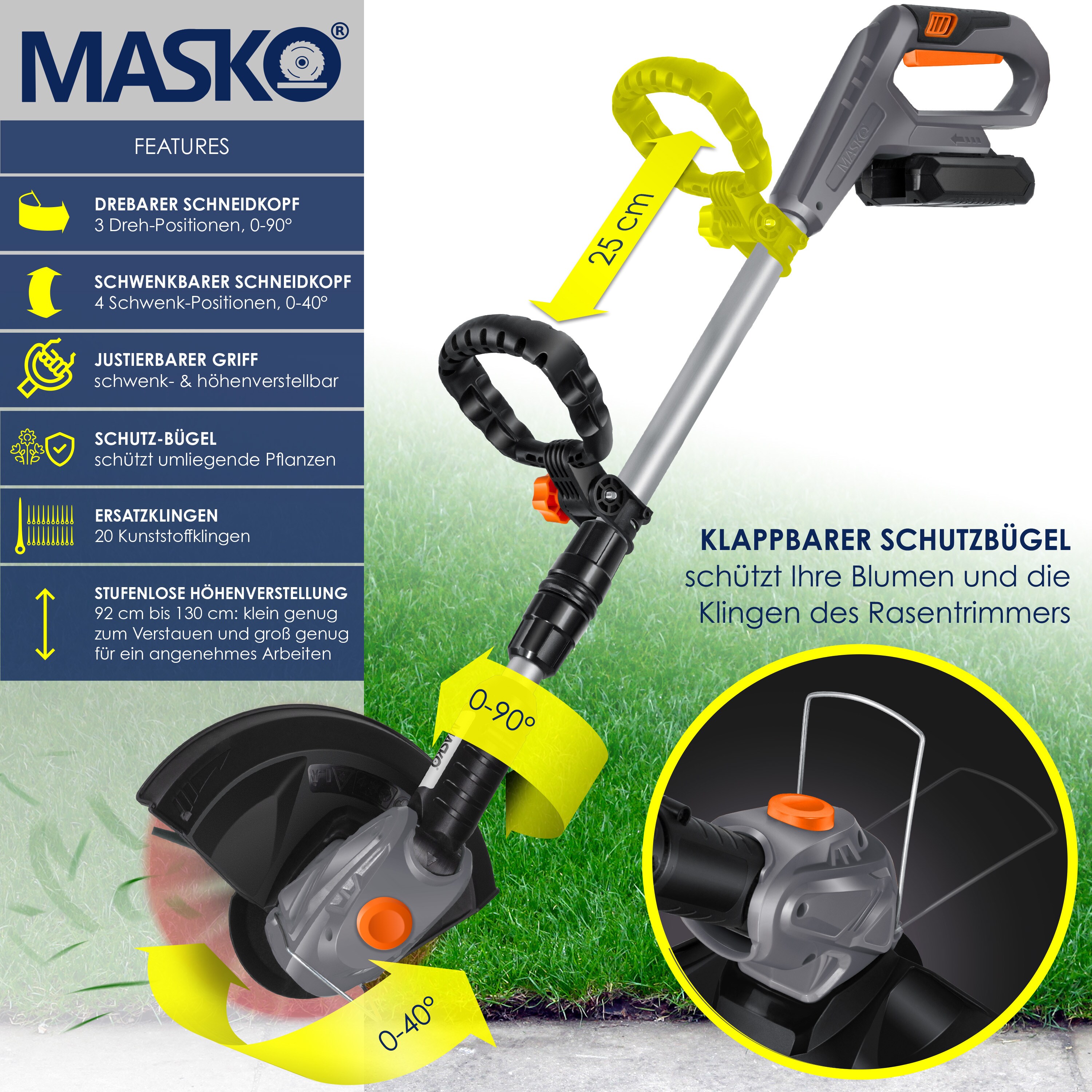 MASKO® Akku-Rasentrimmer mit 20 V Li-Akku, 2,0 Ah Akku und Ladegerät, Motorsense 26 cm Schnittkreis, 180° Trimmwinkel, Teleskop-Stiel & Zusatzhandgriff, inkl. 20 Messer Kunststoffklinge