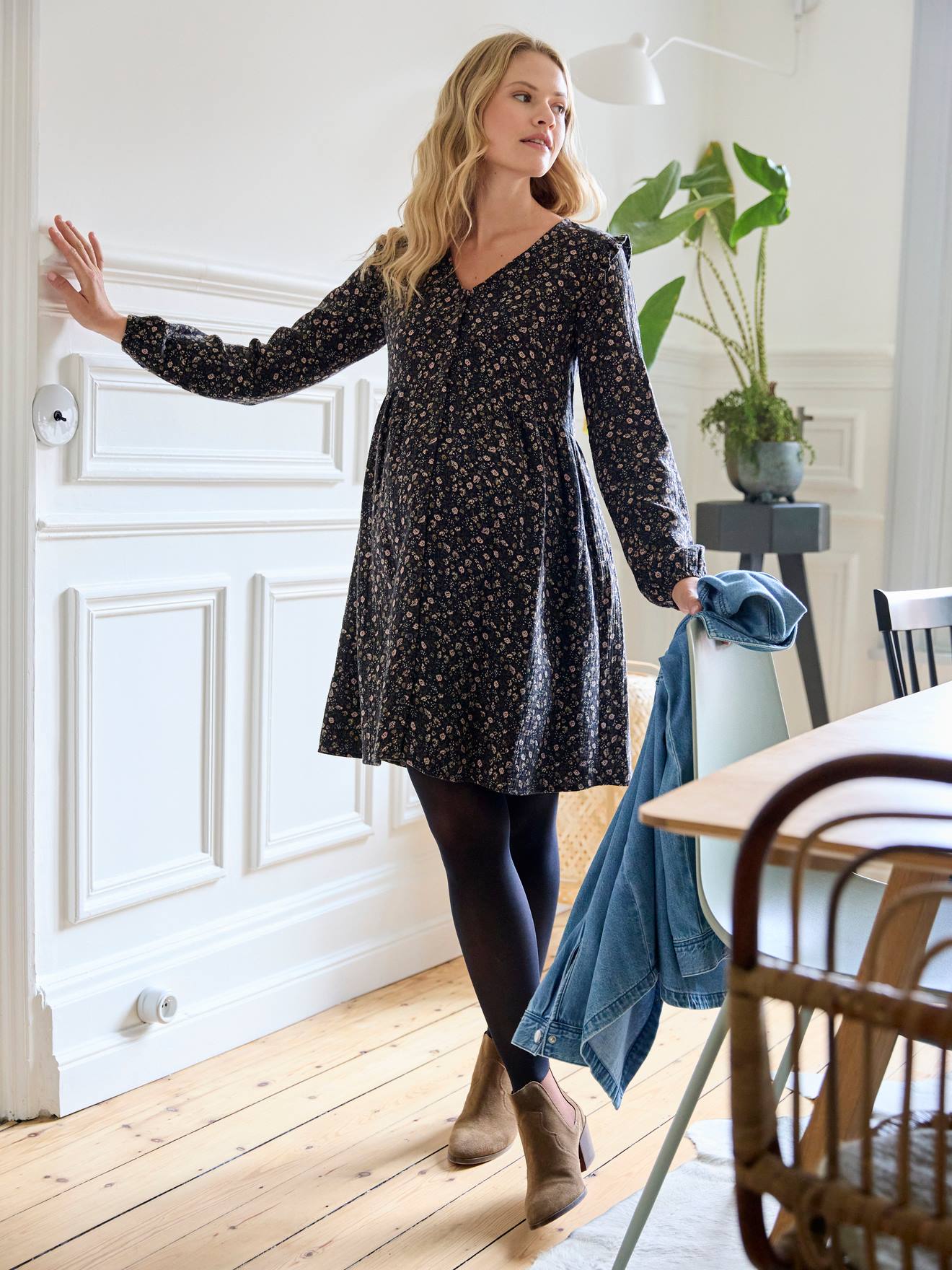Vestido curto de chiffon de algodão para gestantes e lactantes, preto.