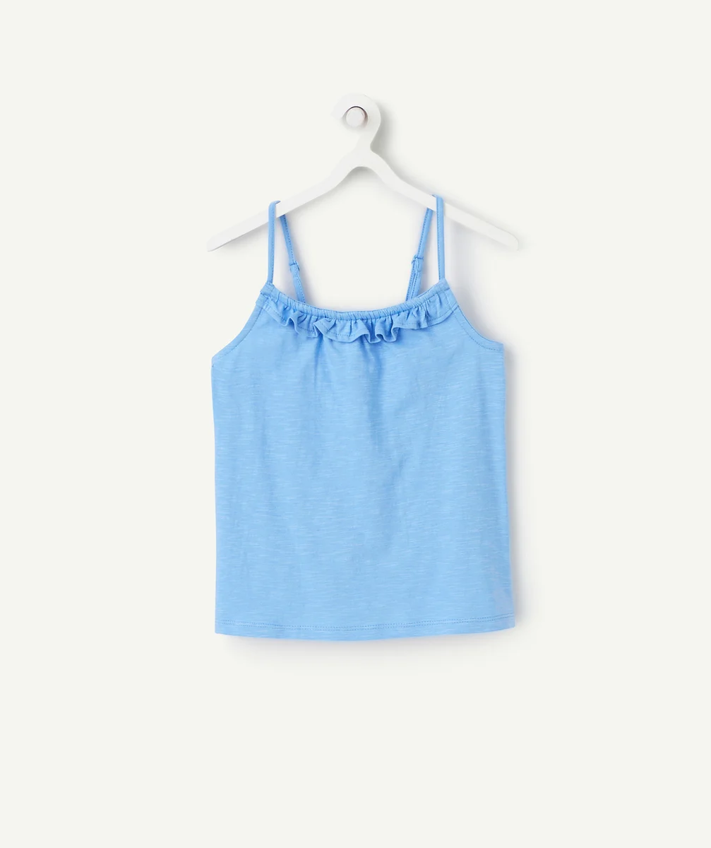 débardeur fille en coton bio bleu avec volants