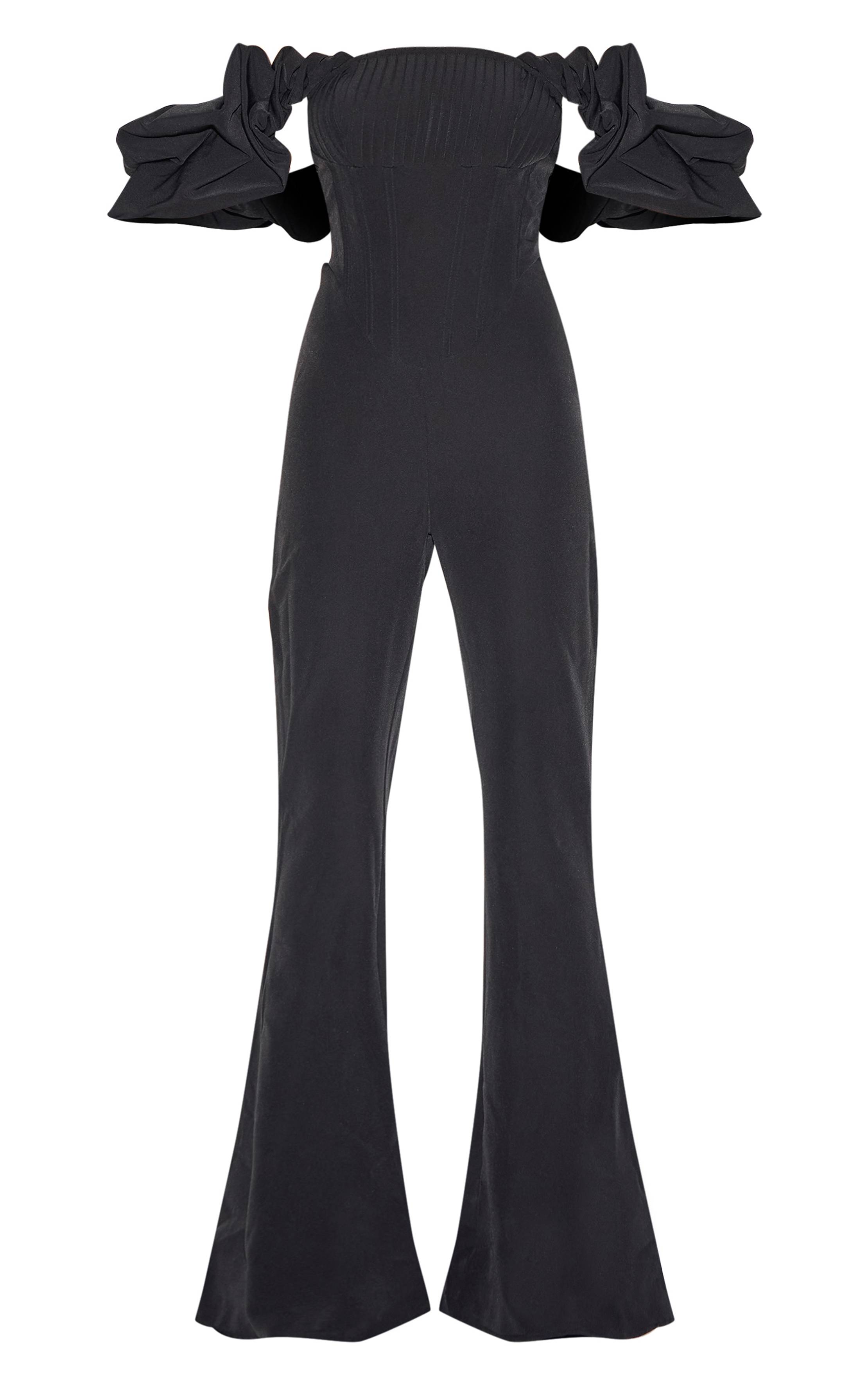 Noir Combinaison-pantalon Bardot À Volants Avec Détail Corset Plissé En Tissu Tissé