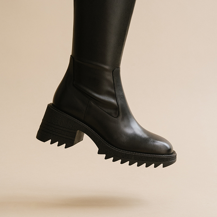 Bottes à semelles crantées et bouts carr...  en cuir stretch noir