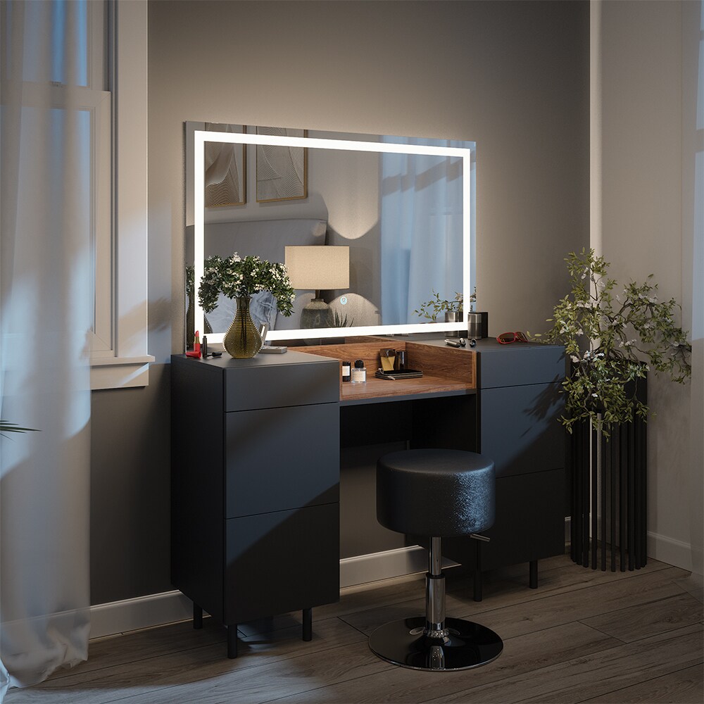 Vicco Schminktisch Anika 120 x 80 cm mit LED-Spiegel & Hocker, Anthrazit Walnussbraun, 6 Schubladen, Schlafzimmer