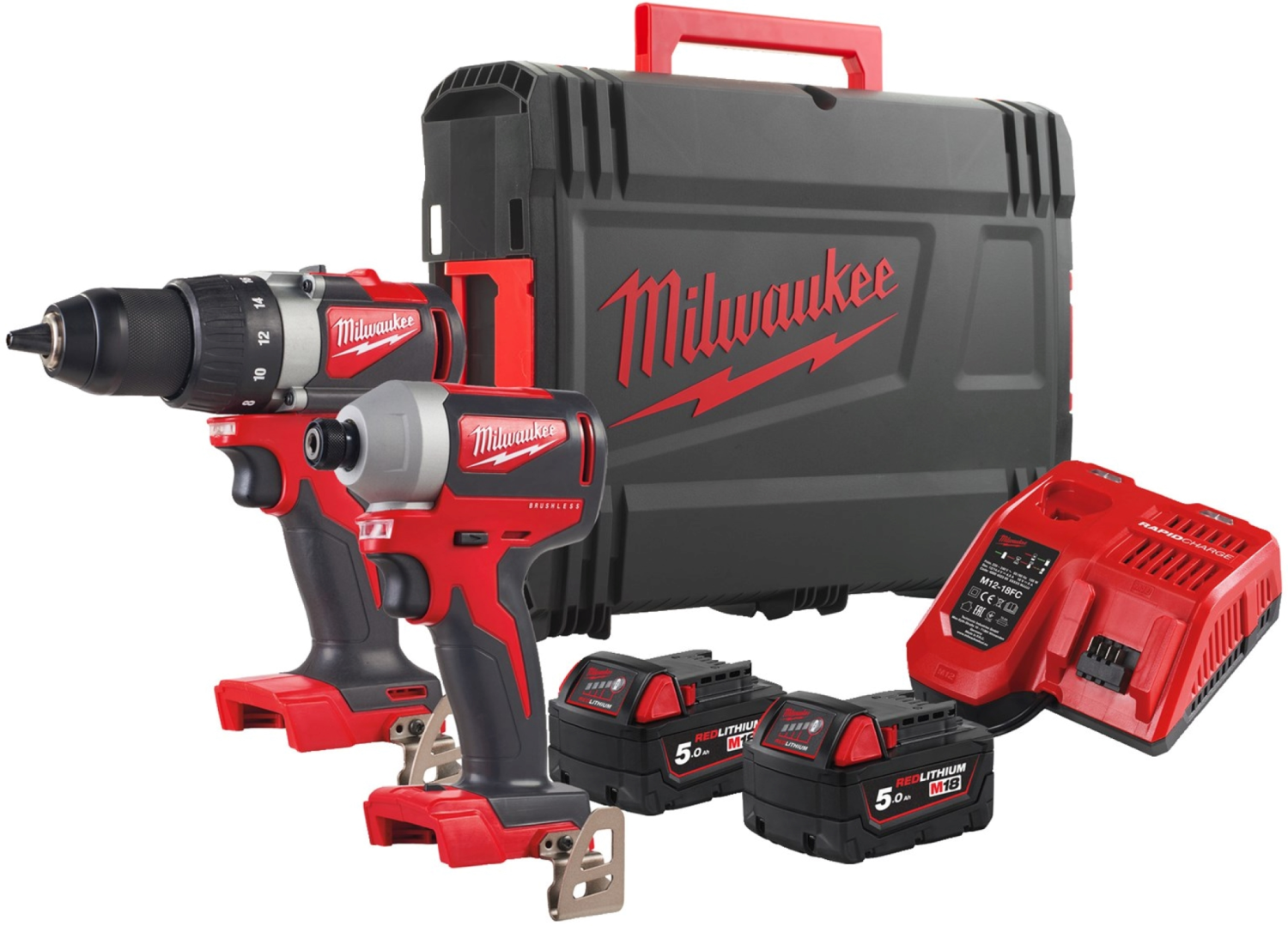 Milwaukee M18 BLPP2A3-502X 18v Li-ion accu schroefboormachine (M18 BLPD2) & slagschroevendraaier (M18  BLIDR) combiset (2x 5.0Ah) in HD Box