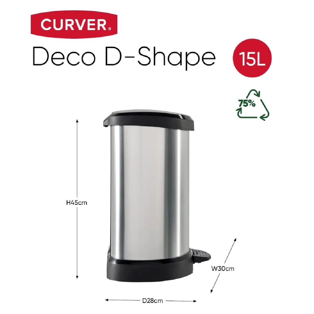 Curver Poubelle à pédale Deco D - 15L - Argenté