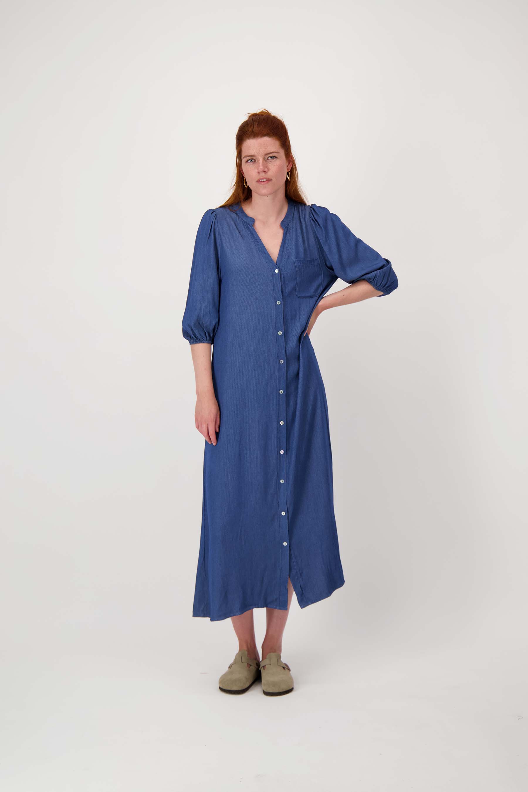 tencel denim dress poff sleeves striped