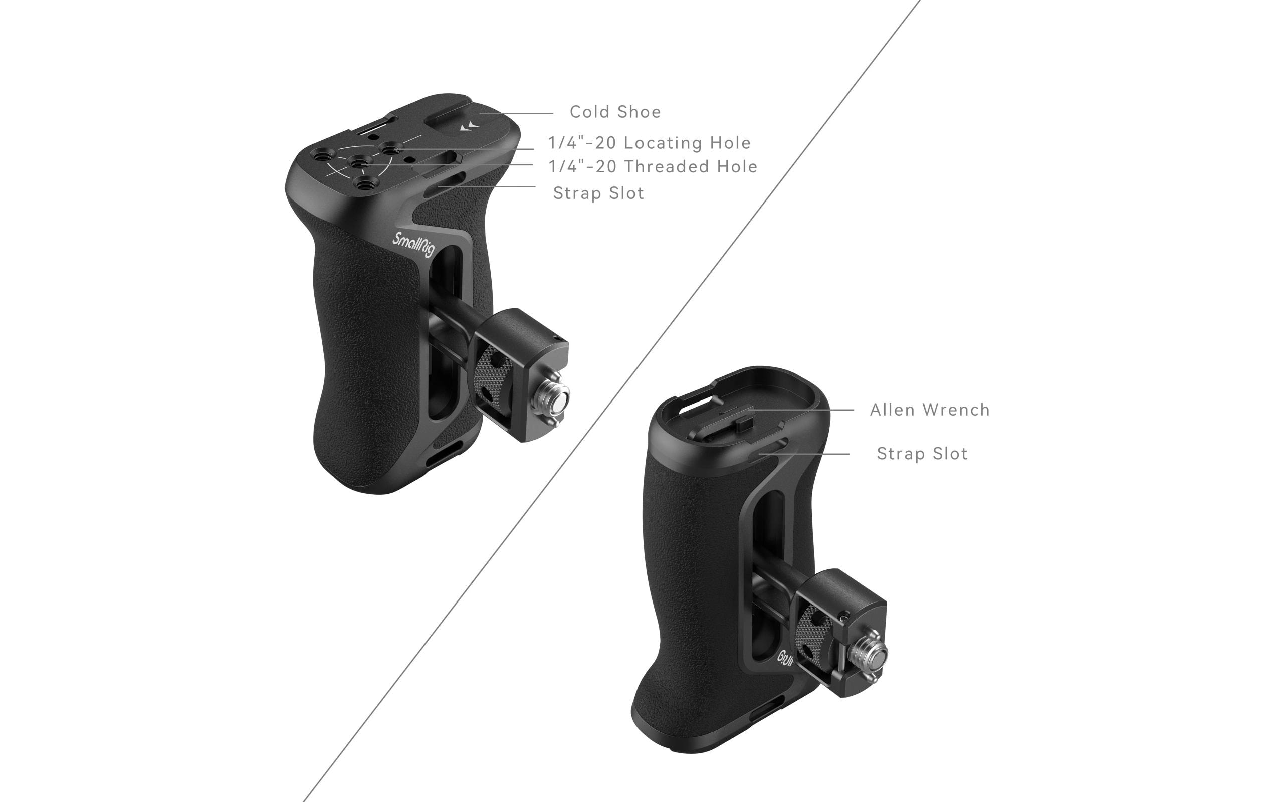 Seitenhandgriff mit Two-in-One-FixierschraubeHandgriff mit 1/4