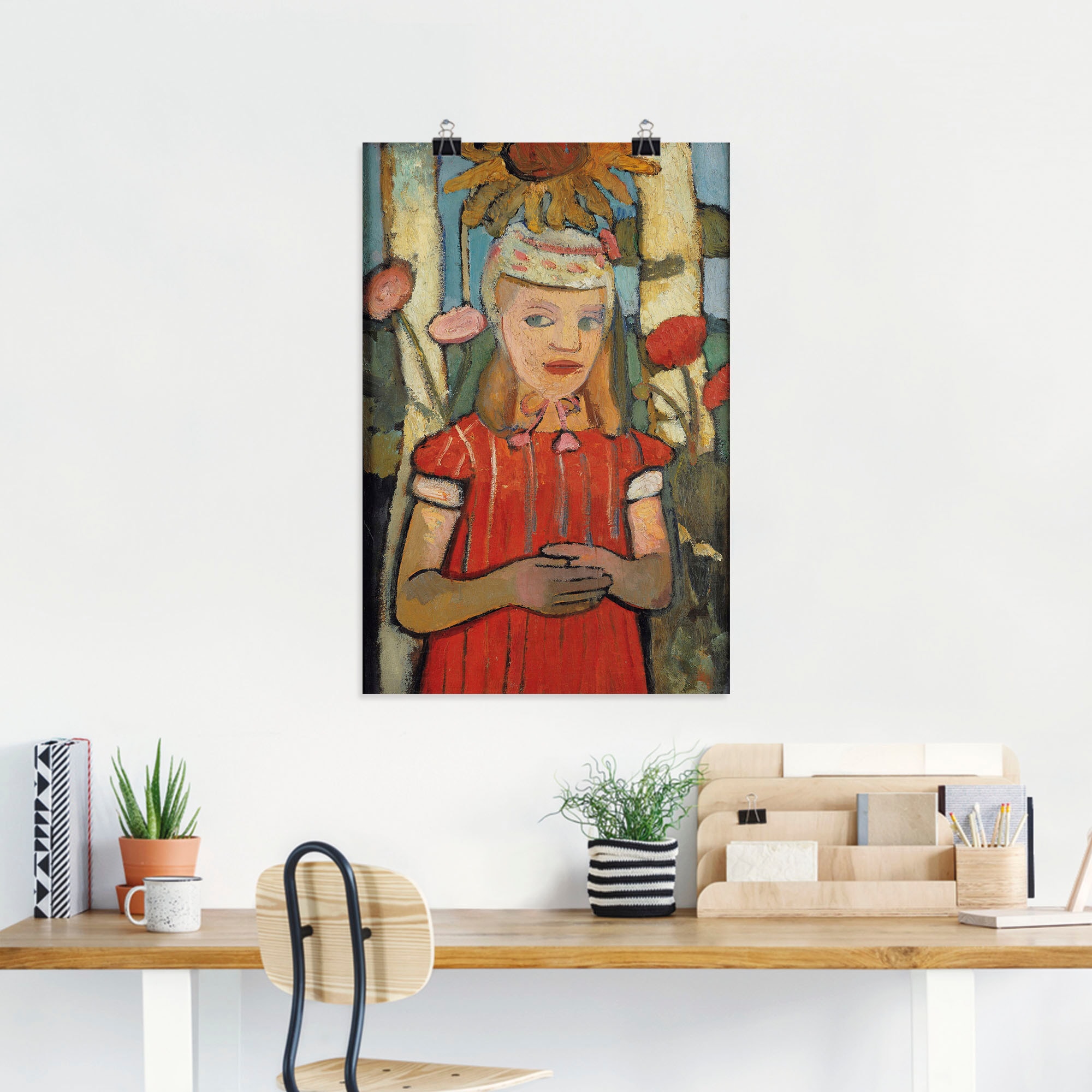Artland Poster »Mädchen in rotem Kleid vor Sonnenblume.« Bilder von Kindern 1 Stk. tlg. als Alubild, Leinwandbild, Wandaufkleber oder Poster in versch. Grössen