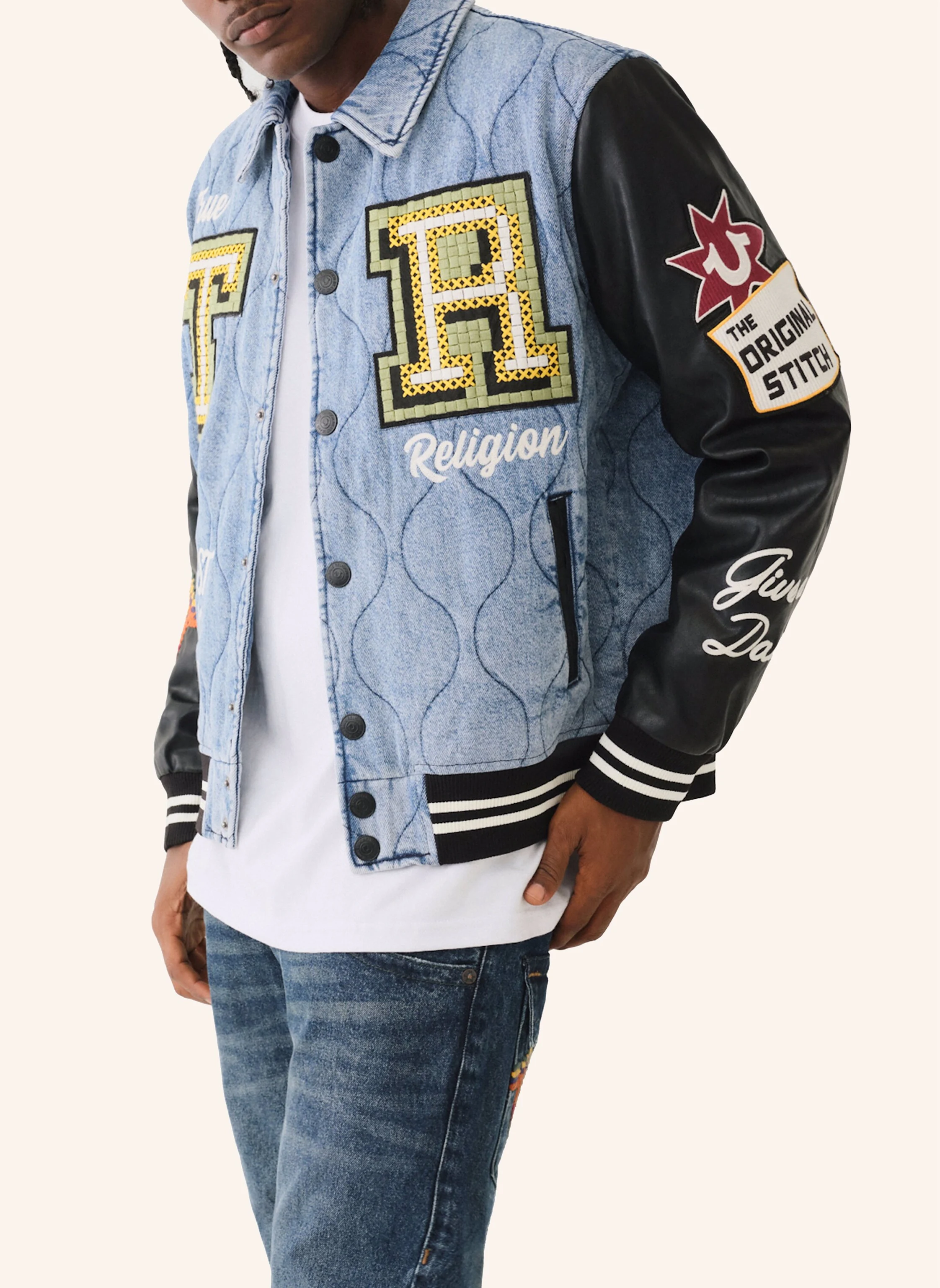 TRUE RELIGION Gesteppte Denim-College-Jacke