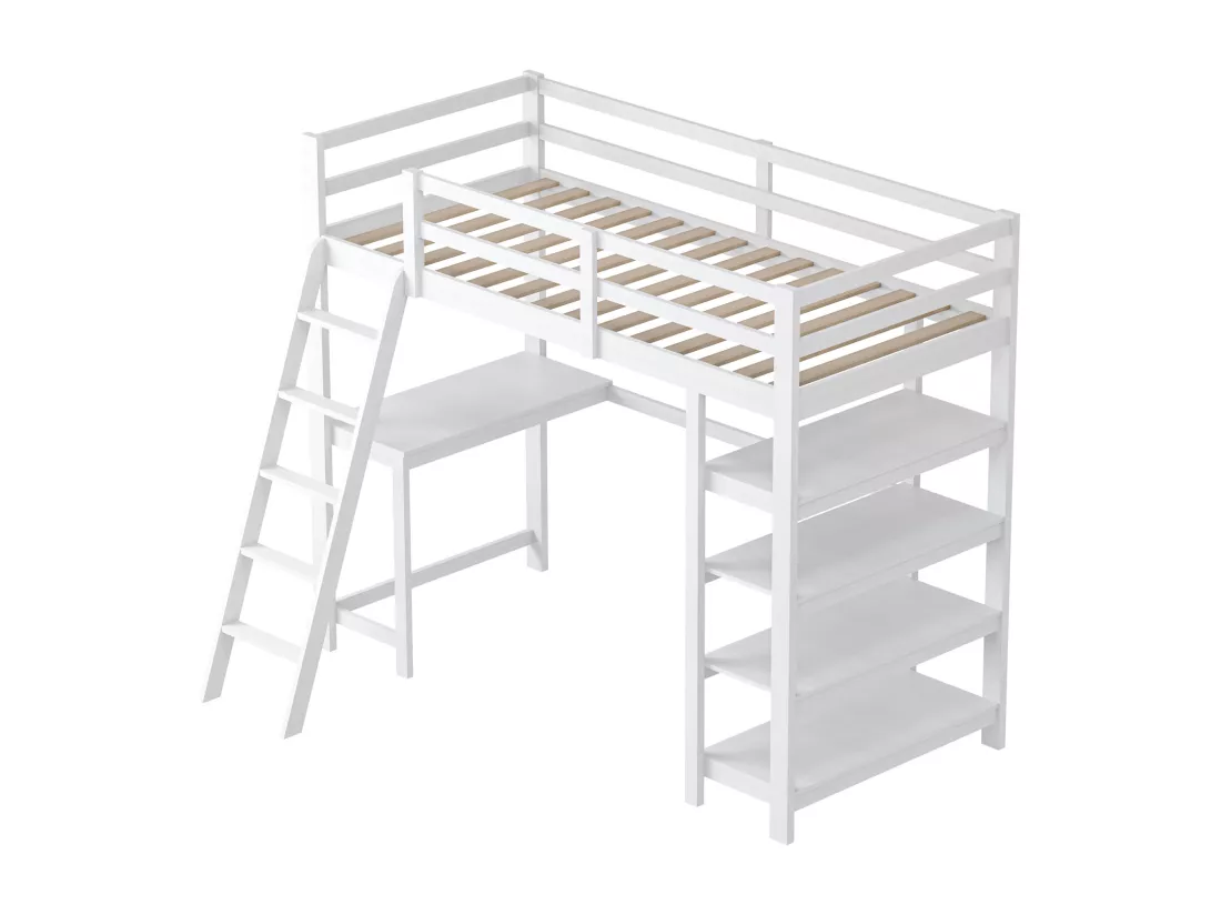 Lit Mezzanine pour Enfant, 90 x 200 cm, avec Compartiments de Rangement et Bureau sous Le lit, Blanc, étagère de Rangement à Quatre Couches, Grande capacité, Peu encombrant et Fonctionnel