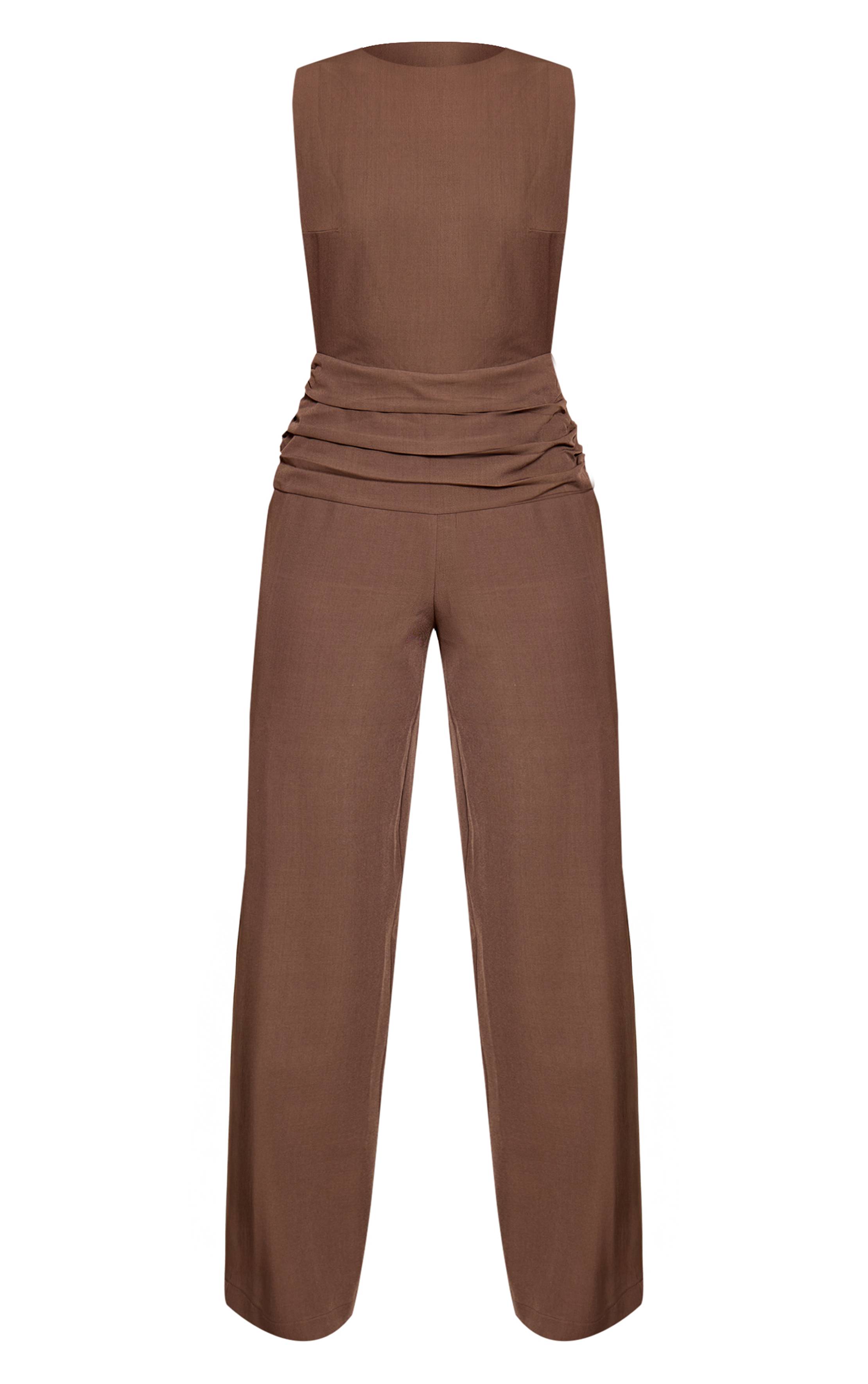 Kaki Combinaison Pantalon Large En Tissu Tissé Col Rond Avec Détails Froncés