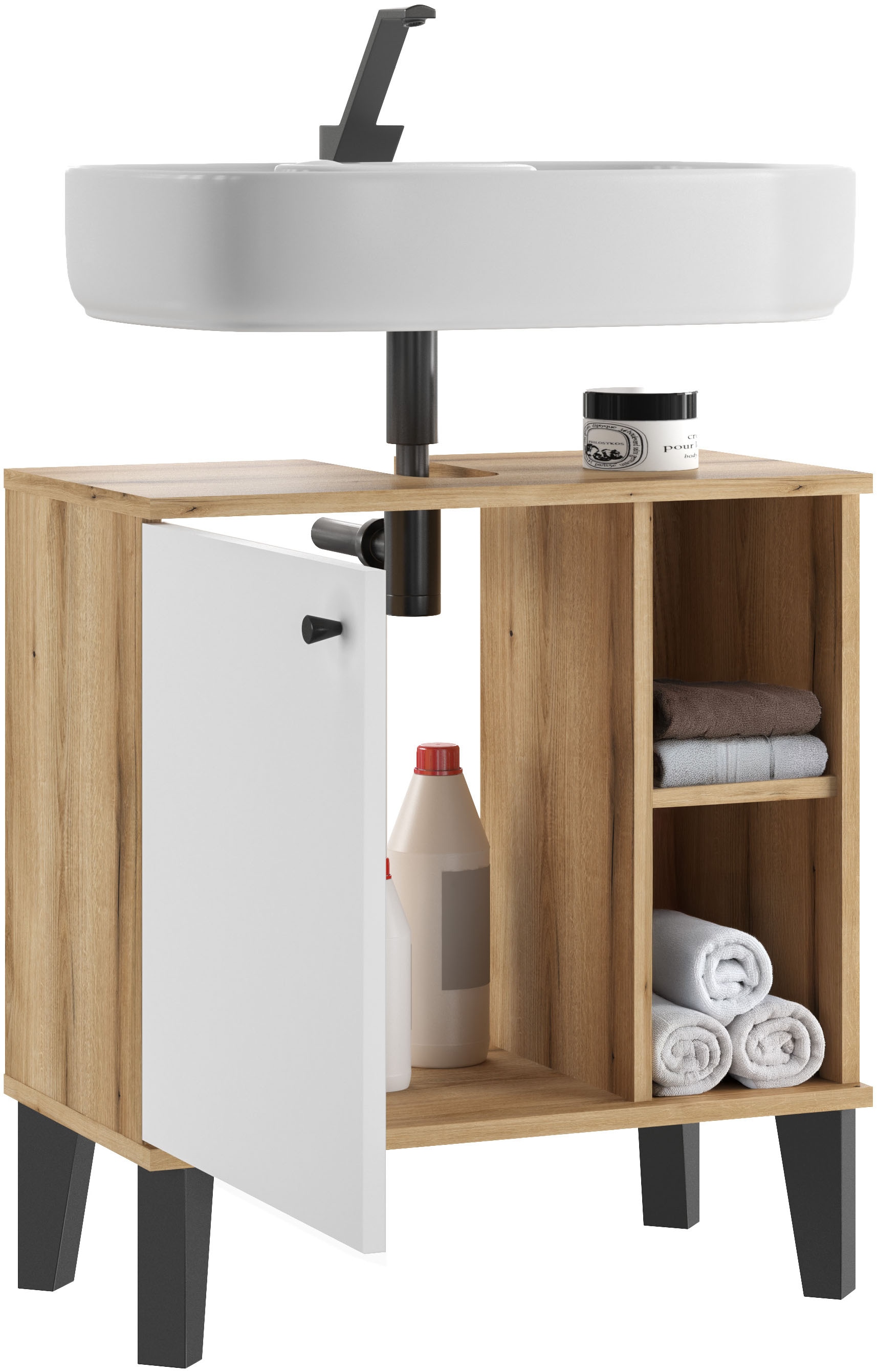 INOSIGN Waschbeckenunterschrank »Oslo, Waschtisch mit Knopfgriff, Badschrank im skandinavischen Design« in der Türfarbe Weiss oder Grau verfügbar, ausreichend Stauraum