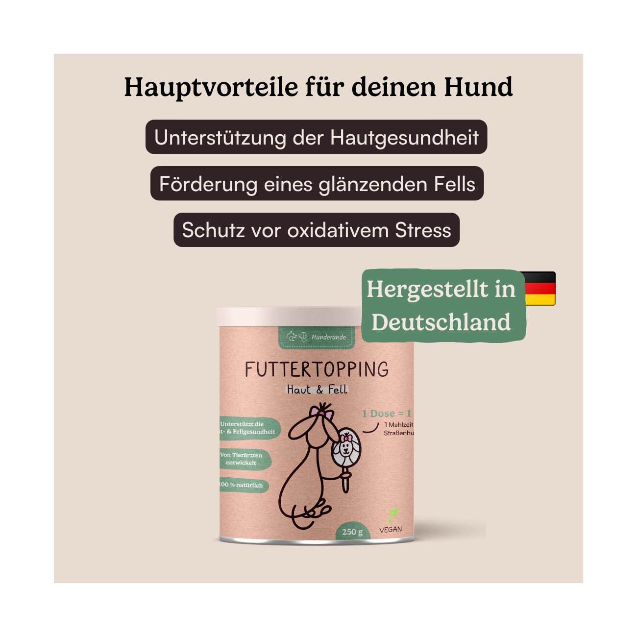 Hunderunde Futtertopping - Haut & Fell - Glänzendes Fell, Gesunde Haut, Natürliche Zutaten, vegan 250 g