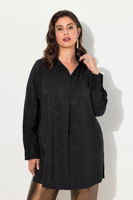 Longtunika, Satin, Struktur, V-Ausschnitt, Langarm