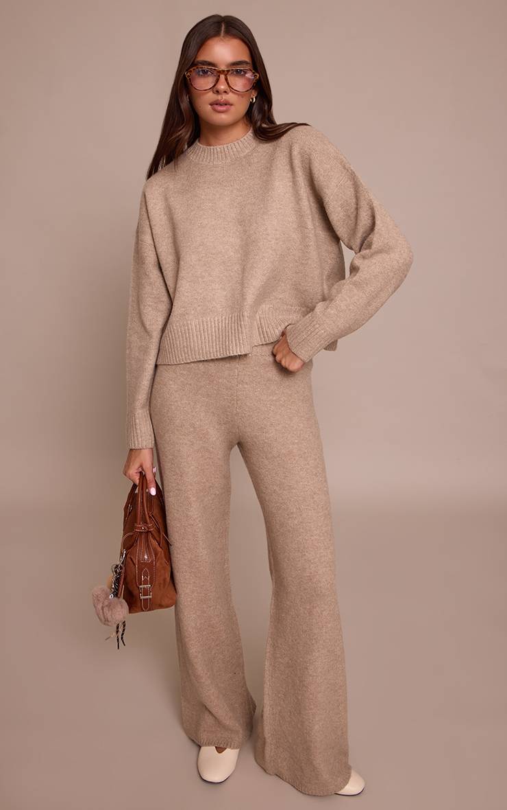 Taupe Synthétiquell Court Col Rond En Maille Chinée
