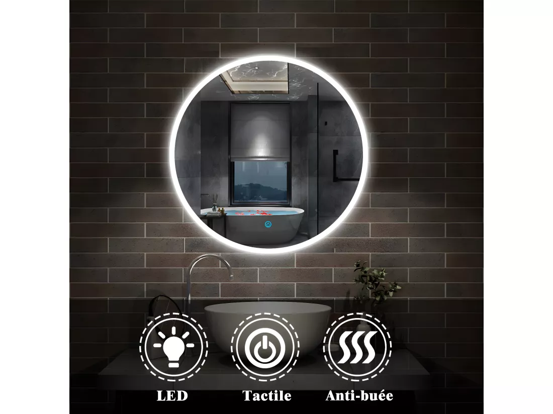 Miroir de Salle de Bain Rond Avec LED et Anti-buée Blanc Froid (6000K) 80cm Aica