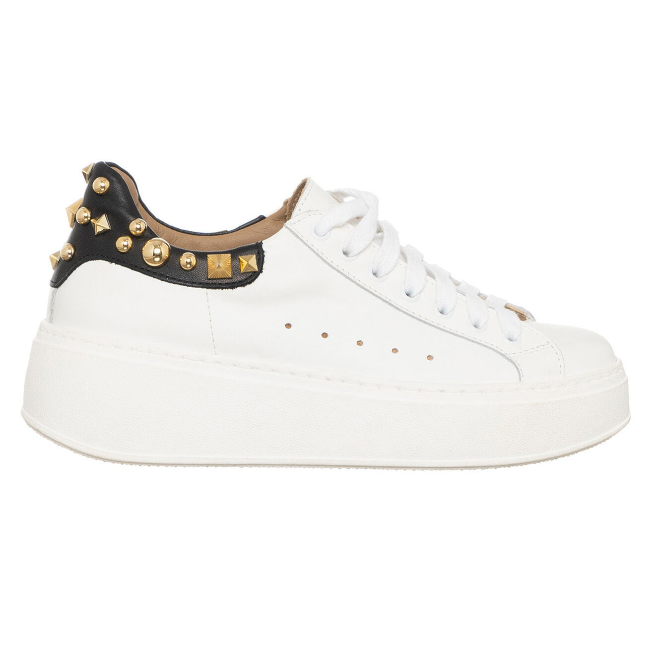 Loretta Pettinari Sneakers en Cuir Elio blanc/noir/doré - Plateforme 5 cm