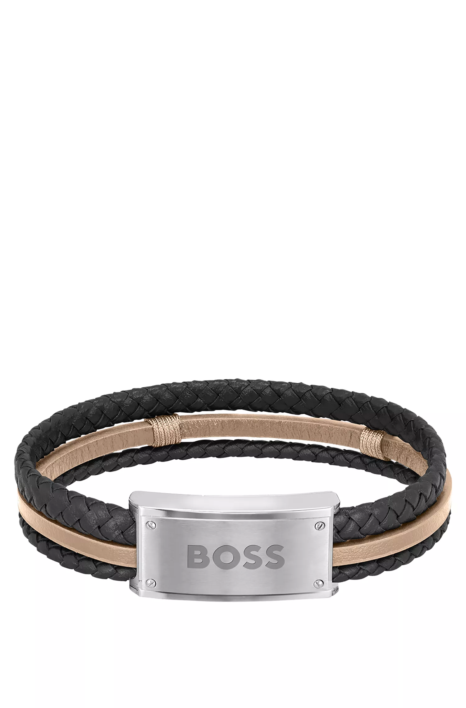 Bracelete BOSS com placa de logotipo laranja em couro preto e camelo