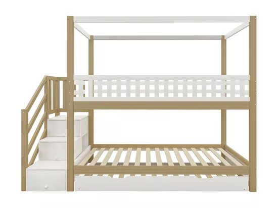 Lit superposé pour enfants 90*200 cm, garde-corps de sécurité, lit escamotable, blanc et bois massif