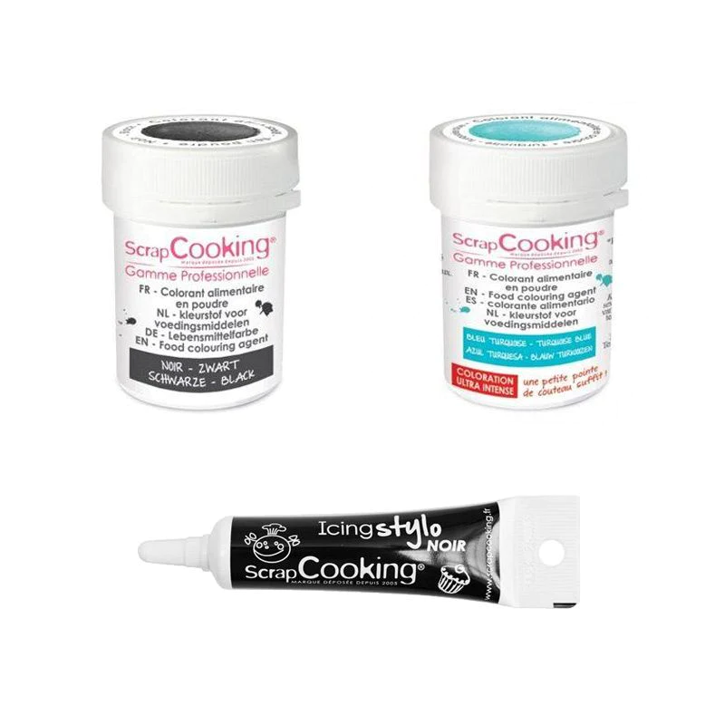 2 colorants alimentaires turquoise-noir + Stylo glaçage noir Scrapcook
