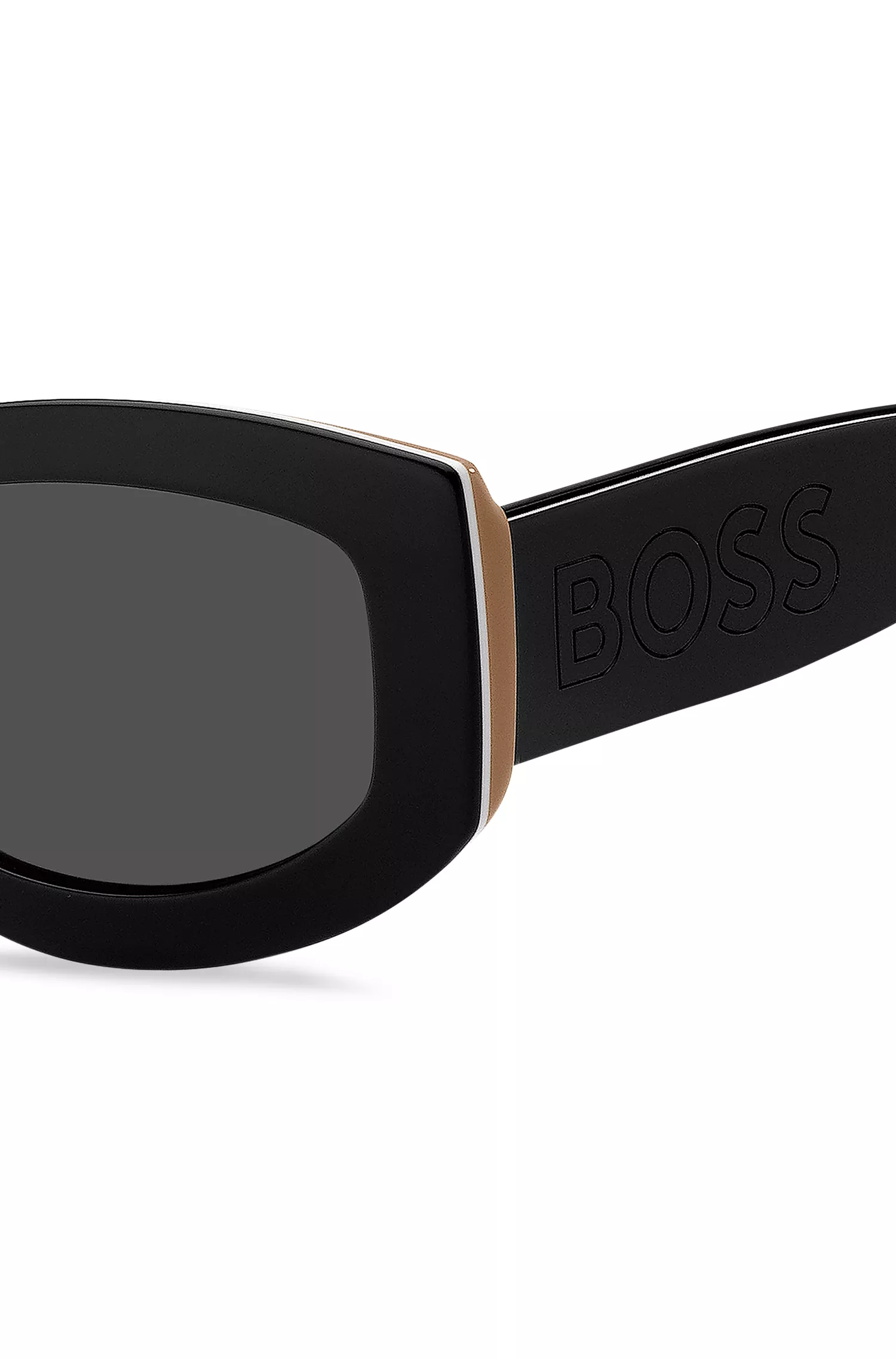 Óculos de sol BOSS em bioacetato com faixa preta exclusiva e logotipo grande nas hastes.
