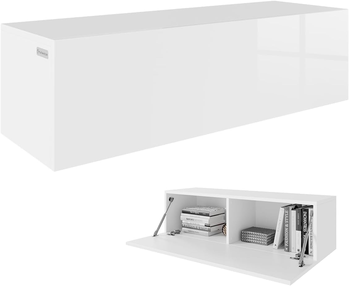 PLATAN ROOM Wandregal 105 cm breit hängende Nachtkommode Wandboard Nachttisch 2er Set Schweberegal Hängeregal Matt oder Hochglanz (1 Stück, Weiß Matt/Weiss Hochglanz)